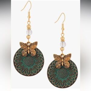 Sunflowers Gold and Green Butterfly Earrings